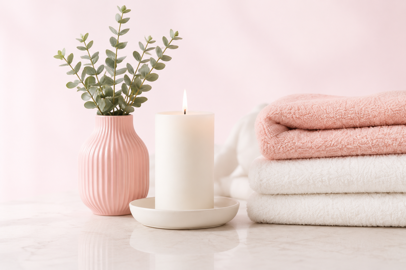 Soft pastel towels, candle and vase in a clean home setting